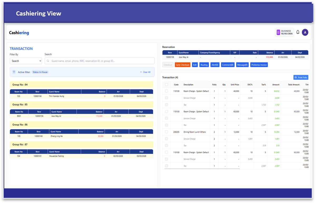 Cashiering and folio management screen